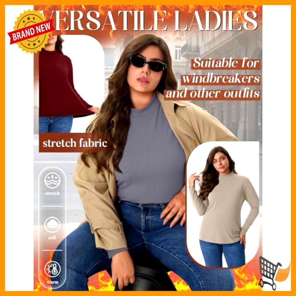 Plus Size Mock Turtleneck Thermal Fleece Ribbed Long Sleeve Fitted Shirts - Picture 5 of 7